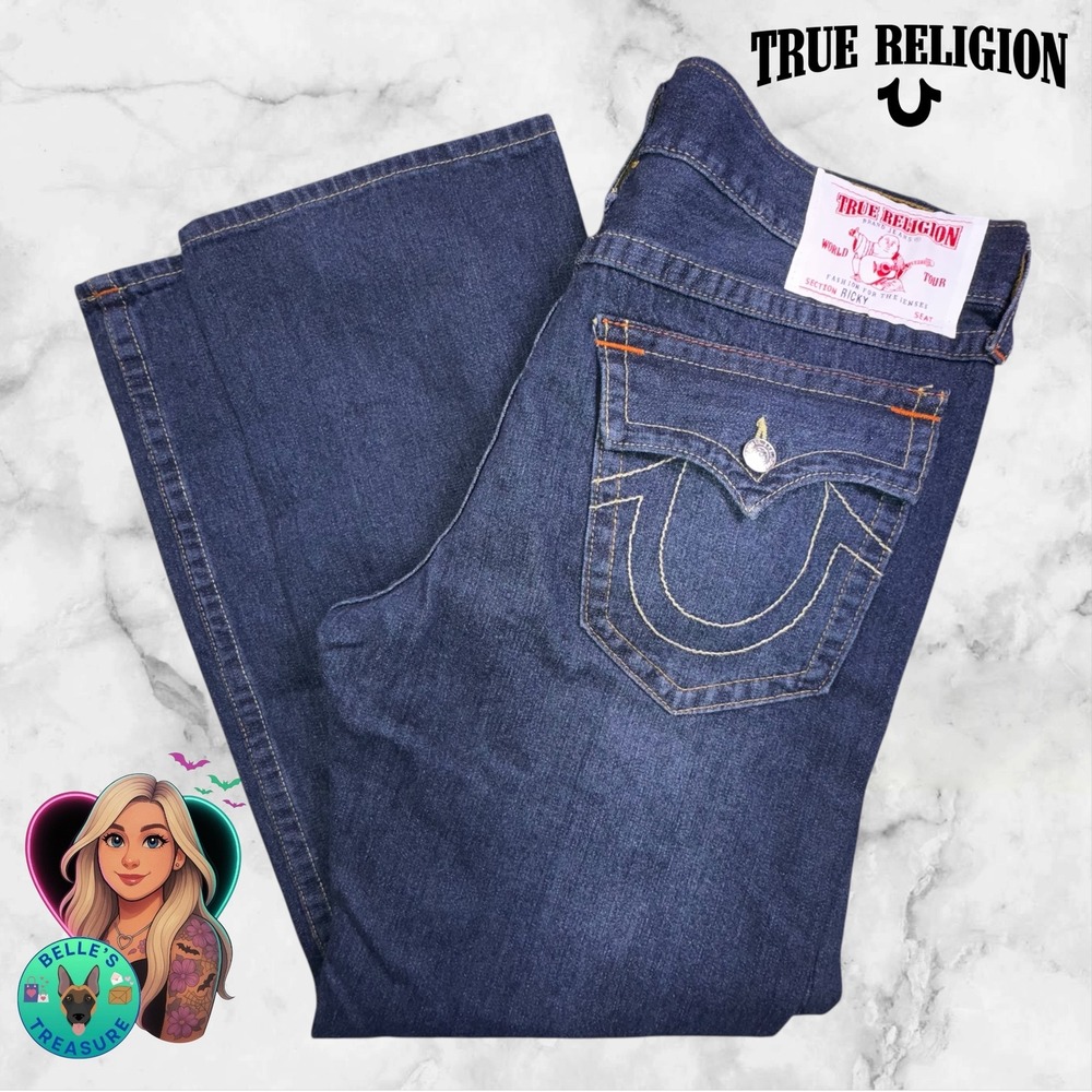 True Religion Jeans Mens 38 Ricky Straight Relaxed Loose Baggy Dark Horseshoe
